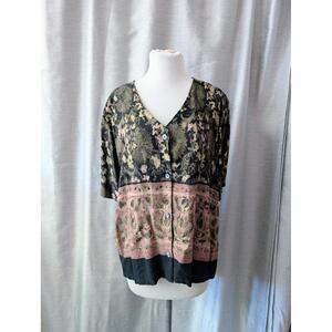 Vintage 90s 100% Rayon Earthtone Floral Boho Top L